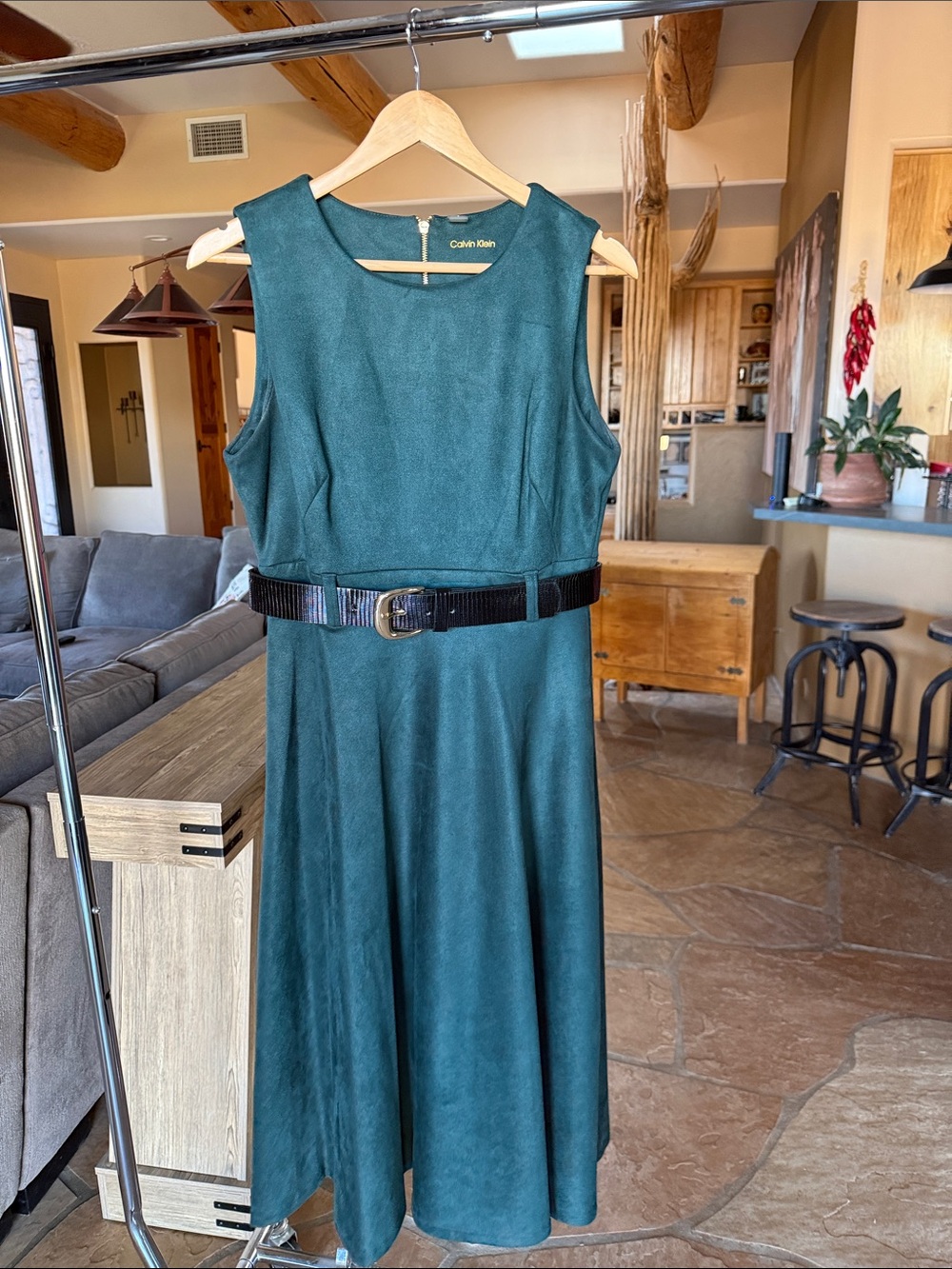 Calvin Klein Emerald Green Faux Suede Belted Midi Dress size 8
